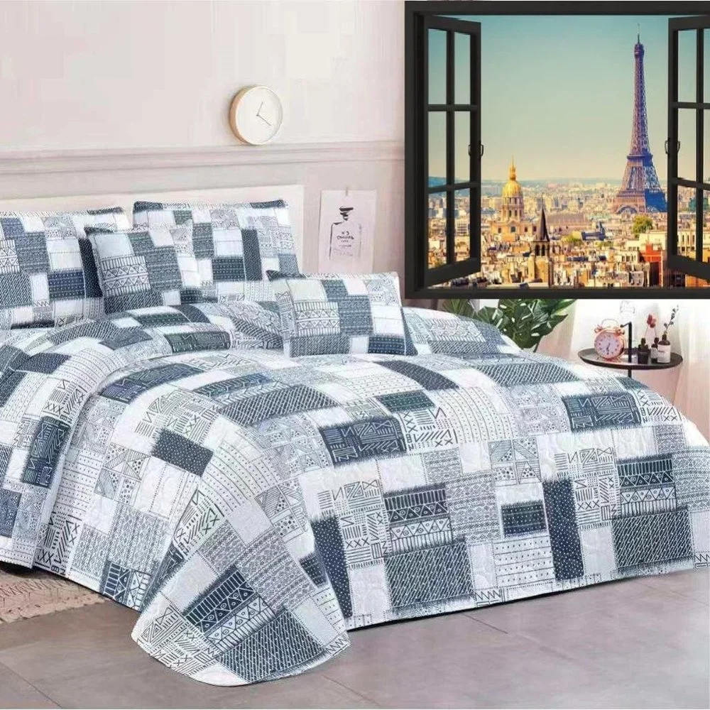 Gray Geometric Quilt Set 3PC Warm Quilted Bedding Queen King Tribal Pattern